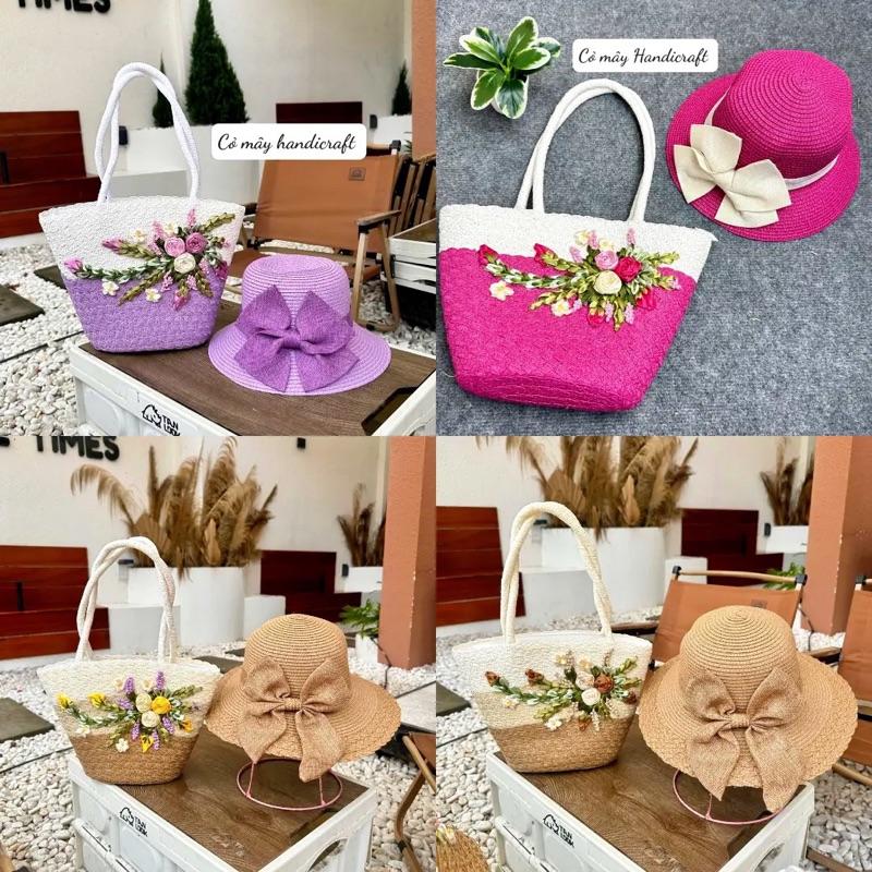  XU HƯỚNG TẾT 2026_TÚI  NÓN CÓI 3 SỌC có hoa ruy băng 3 HOA HỒNG  & nón nâu L2 túi ngang miệng 35cm có vải lót và dây kéo PHÓI ÁO DÀI ÁO BÀ BA VÁY CHO NỮ 