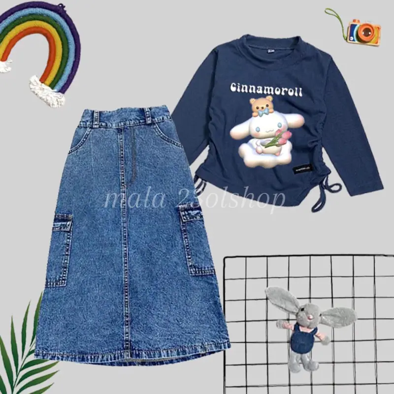 SETELAN ANAK PEREMPUAN / ROK JEANS KARGO & KAOS KNIT SABLON 7