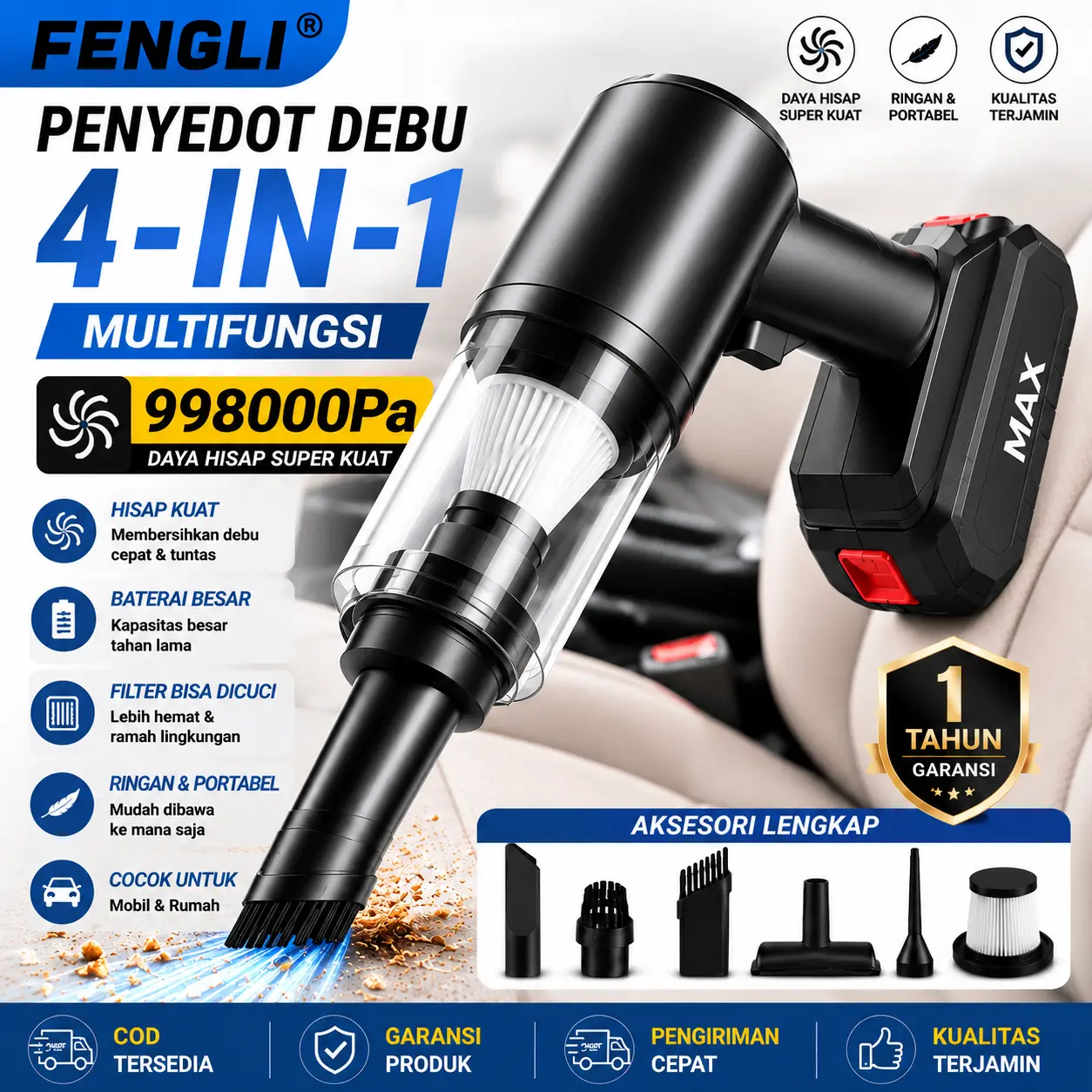 Vacuum Cleaner Mobil Cordless 4 in 1 Portable Rechargeable Daya Hisap K t untuk Jok Mobil Sofa Karpet dan Celah Sempit - 2 baterai Set