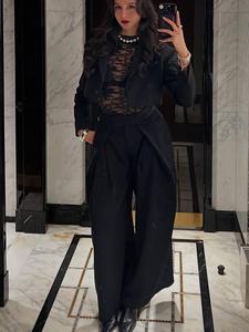 Pantalones de pierna ancha a rayas finas para mujer, de cintura alta y plisados, estilo retro de negocios, casual y de moda para oficina y calle, primavera verano
