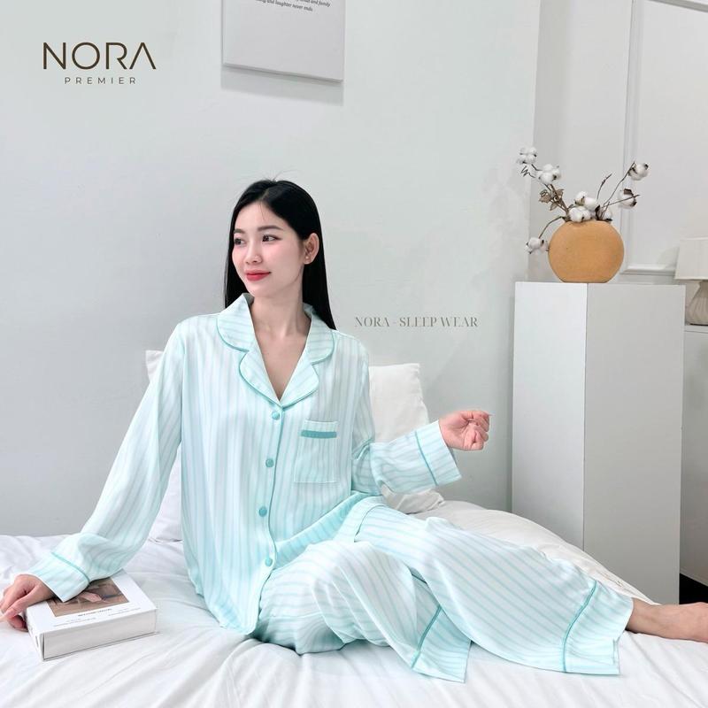 Đồ ngủ, bộ mặc nhà Pyjama nữ chất liệu lụa latin mềm mại kẻ sọc tím sang trọng Ms 2640 NORA WEAR, Thời trang thiết kế cao cấp