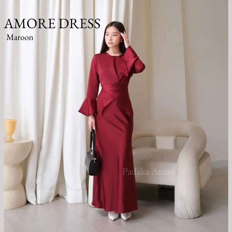 AMORE DRESS - Padaka Attire - Dress Bodycon Polos Fit Body Melayu Gamis Muslim Maxmara satin stitch violet Atasan Maxi Kondangan Pesta Lebaran Panjang 2