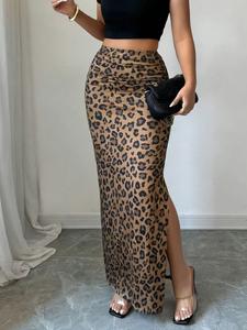 Falda maxi ajustada de moda para mujer con estampado de leopardo, sexy y entallada, con abertura en el bajo, adecuada para streetwear y ocasiones nocturnas