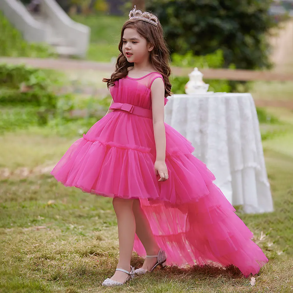 5353 Long Tail Tulle Dress Kids Girls Princess Dress Fluffy Trail Ball Gown Children Bridesmaid Wedding Birthday Party Dresses