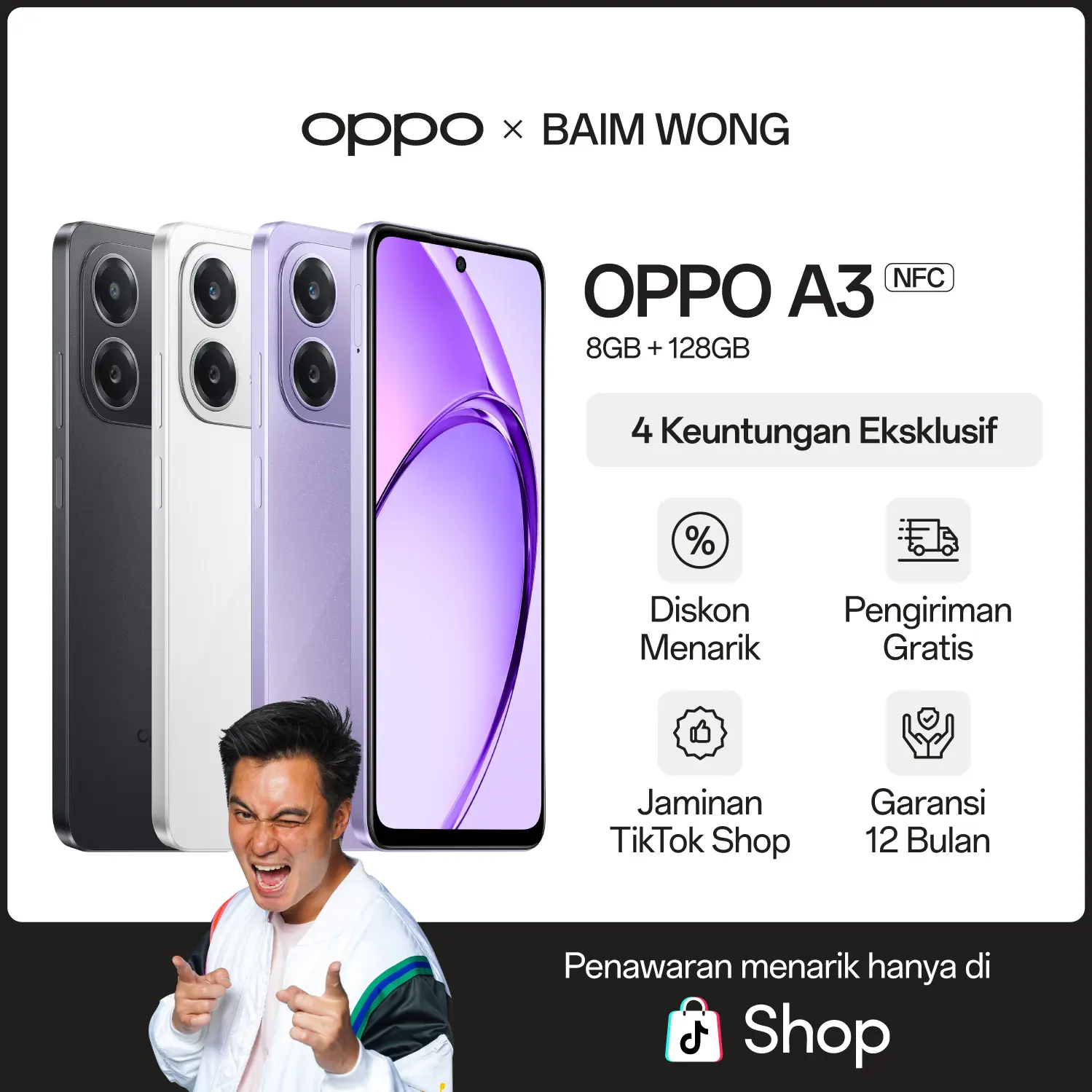 【EXCLUSIVE BAIM】HP OPPO A3 NFC 8GB/128GB [Military-Grade Shock Resistance, Snapdragon 6s Gen 1 45W SUPERVOOC]