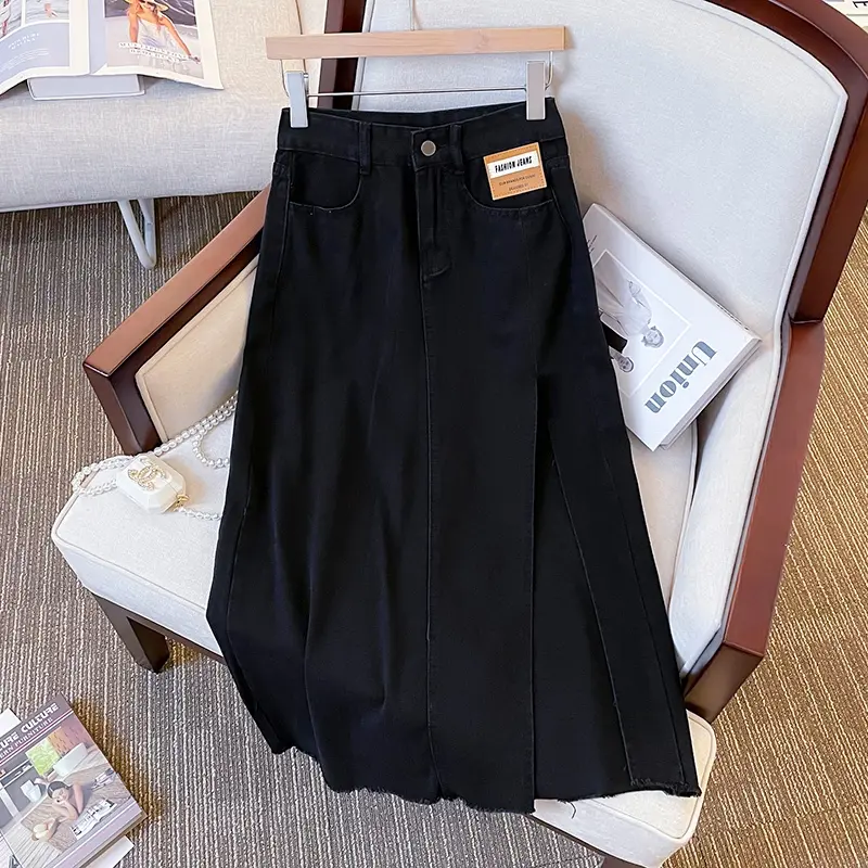 rok jeans split gaya korean style rok celah samping panjang denim a line skirt jumbo kekinian fashion bigsize berpinggang tinggi sedang untuk menutupi rok pinggul selangkangan rok sobek samping Casual Hitam Maxi Dewasa 7