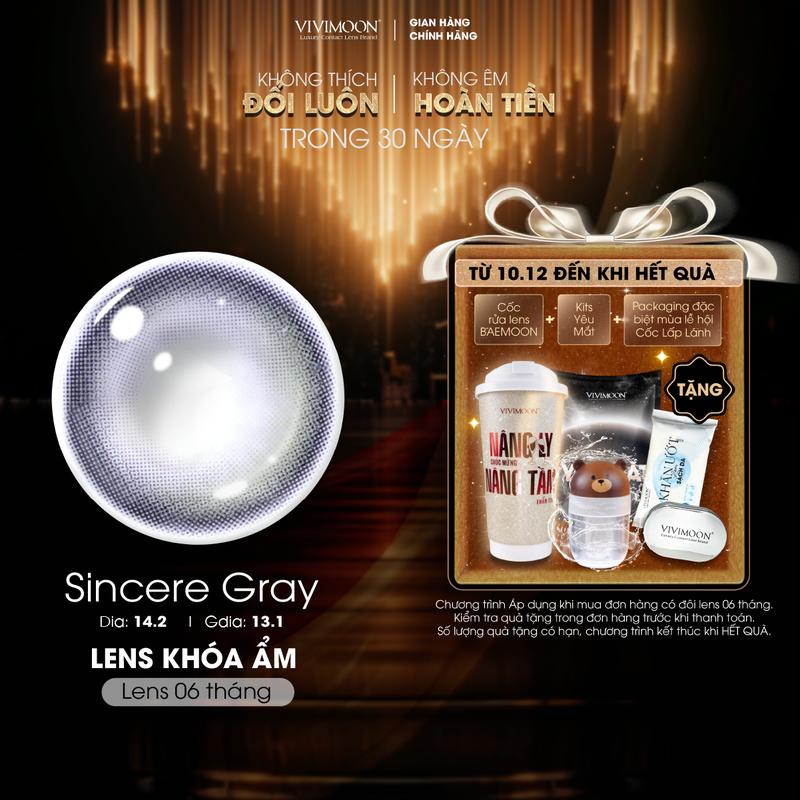    6 MONTHS  Kính áp tròng VIVIMOON LENS cận Sincere Gray Moisture màu xám ánh xanh có viền và hiệu ứng trăng khuyết Khóa Ẩm   Giá 01 đôi  