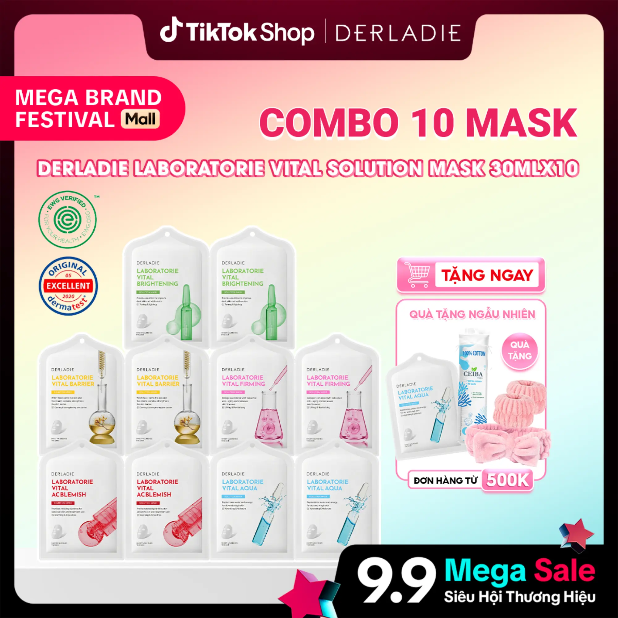Combo mix 10 Mặt nạ hỗ trợ làm dịu da DERLADIE LABORATORIE VITAL SOLUTION MASK 30ml x10 - HL