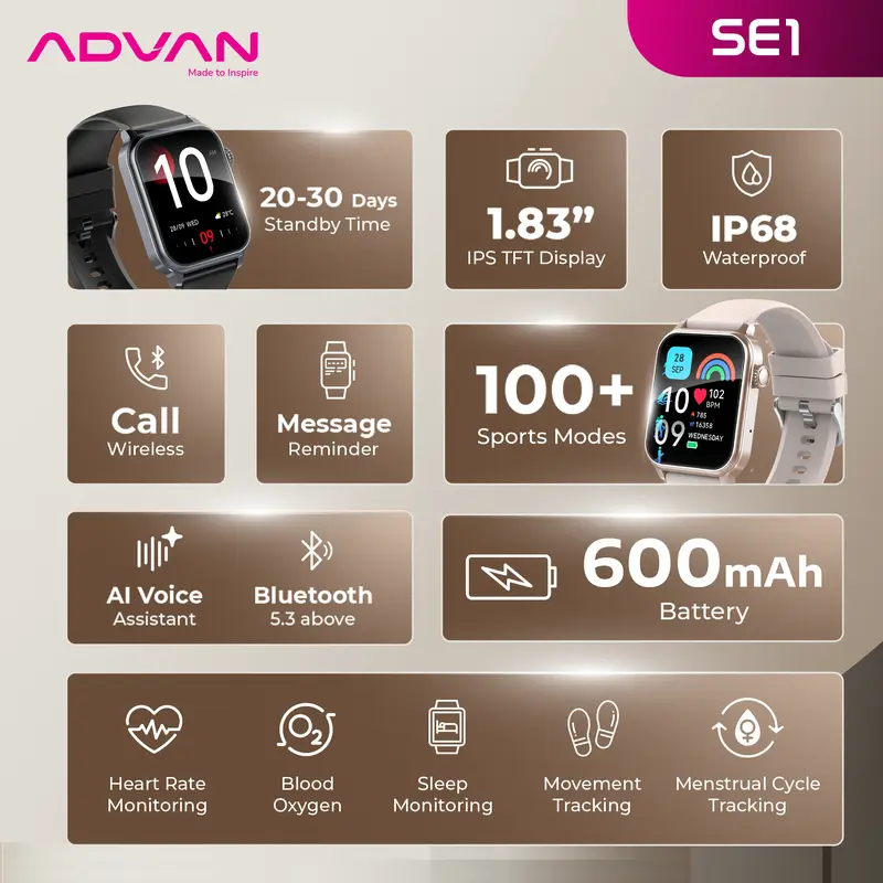 ADVAN Smartwatch SE1 AI Voice Assistant IPS 1.83” Wireless Bluetooth Call Waterproof IP68 600mAh Standby Time up to 30 Days 2