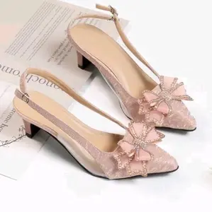 sepatu wanita mules 5 cmelegan Slingback Glitter pita berlian kekinian sandal heels wisuda pesta weding formal terbaru