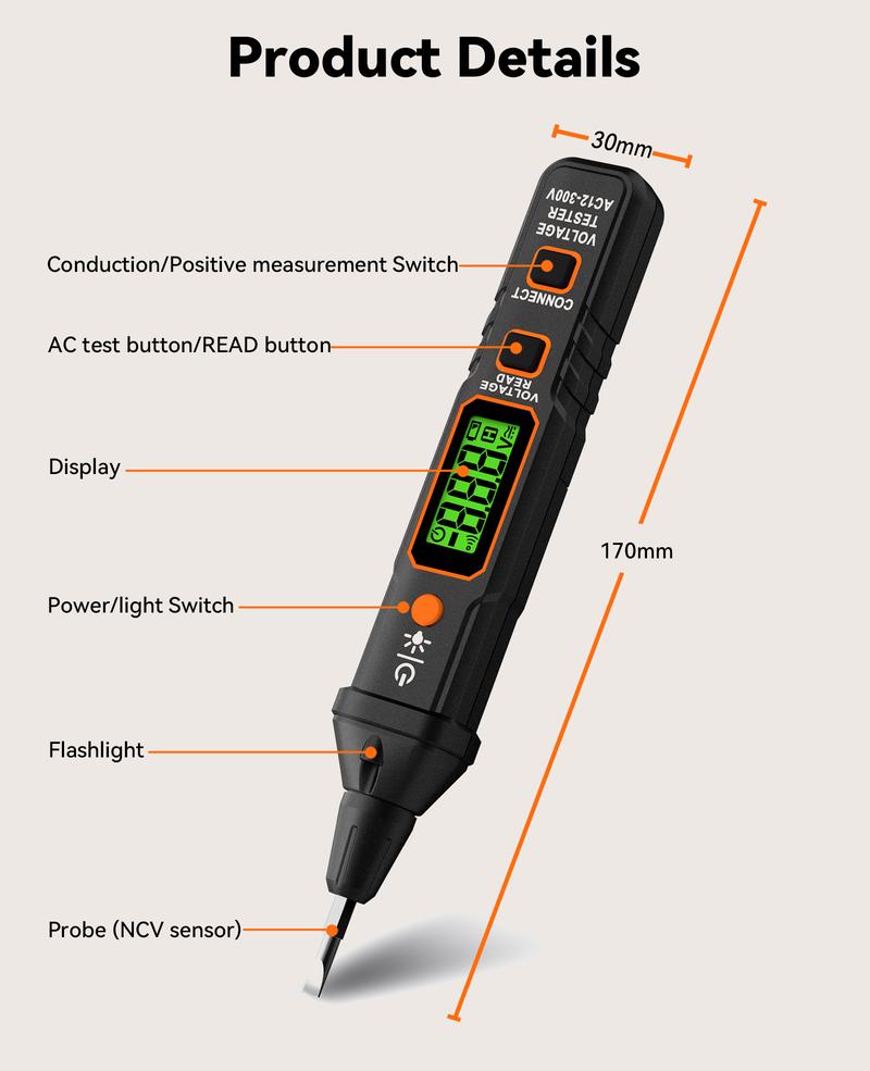 Product Introduction of POROMATISTO VT06 Pen Type AC Voltage Detector, 12~300V Non-contact Voltage Tester For Live / Null Wire With Flashlight LCD Display Buzzer Breakpoint Finder, Electrical Measuring Instruments 15