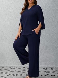 Conjunto de moda para mujer talla grande de 2 piezas, cuello en V, mangas largas holgadas, pantalón de pierna ancha con dos bolsillos, adecuado para primavera, verano y otoño