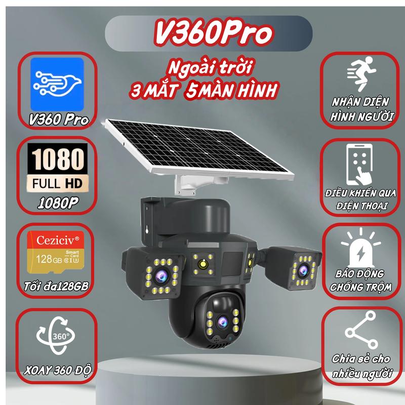  1 camera  V360 Pro 3 mắt 5 màn hình 4 inch 4K   HD1080P  an ninh ngoài trời năng   lượng mặt trời thẻ SM cung cấp mạng 