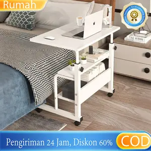 Rum-Meja Laptop Lipat Adjustable dengan Roda Meja Kerja Portable 1Lapisan 60*40* (60-85) 2Lapisan 60*40* (60-85) Bahan Kayu Putih Hitam COD Kokoh Tahan Lama & Praktis untuk Kamar Tidur
