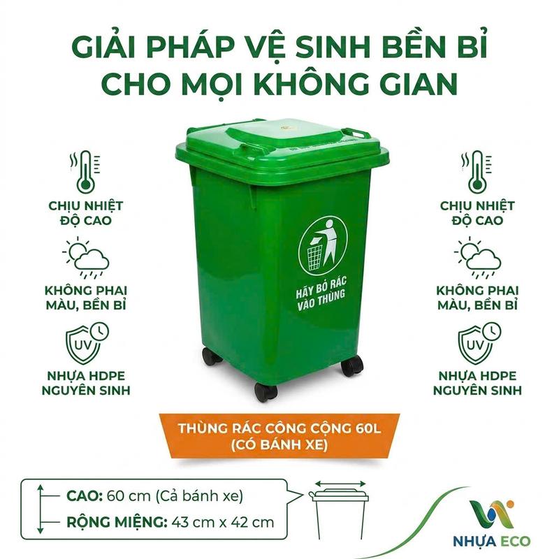 Thùng rác nhựa 60L dùng cho hộ gia đình, Nhựa HDPE nguyên sinh chịu nhiệt cao