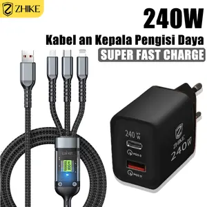ZHIKE Kabel Data 3-in-1 Charger Tipe C Micro USB Untuk iOS Lightning 100W Adaptor 240W 1.2M Mendukung 6A Fast Cabel Charging Super Cepat Cable Badan kawat jalinan nilon Quick Charging Kabel Charger Untuk Apple Samsung Realme Xiaomi OPPO VIVO