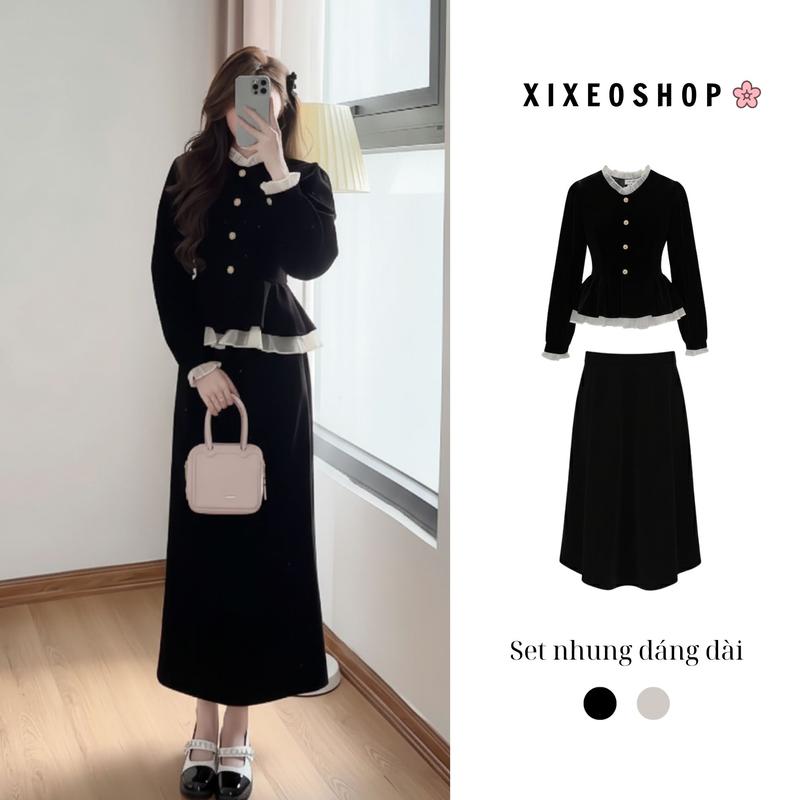 Set áo nhung XIXEOSHOP kèm chân váy dáng dài ngắn tiểu thư - S35