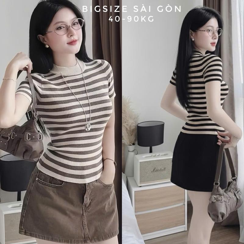  Áo Thun Nữ Tay Ngắn Cổ Tròn Phối Sọc Vải Thun Gân Tăm 45- 90Kg Bigsize Dễ Thương Top Nữ Women - B.1620 