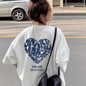 ラブプリント レディース サマープリント ラウンドネック ドロップショルダー ゆったり カジュアル Tシャツ