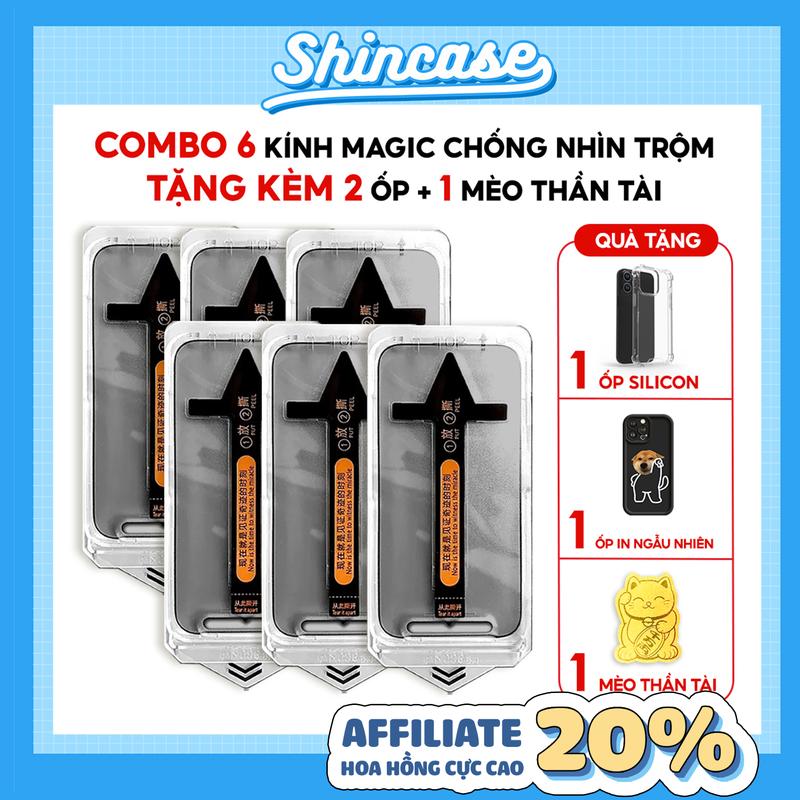COMBO 6 KÍNH CƯỜNG LỰC MAGIC Chống nhìn trộm tự dán [7-0-4] TẶNG 1 ỐP IN NGẪU NHIÊN 1 ỐP TRONG SUỐT KÈM 1 MIẾNG DÁN MÈO THẦN TÀI cho iPhone X/XS/11/12/13/14/15/16/17/Pro/Max