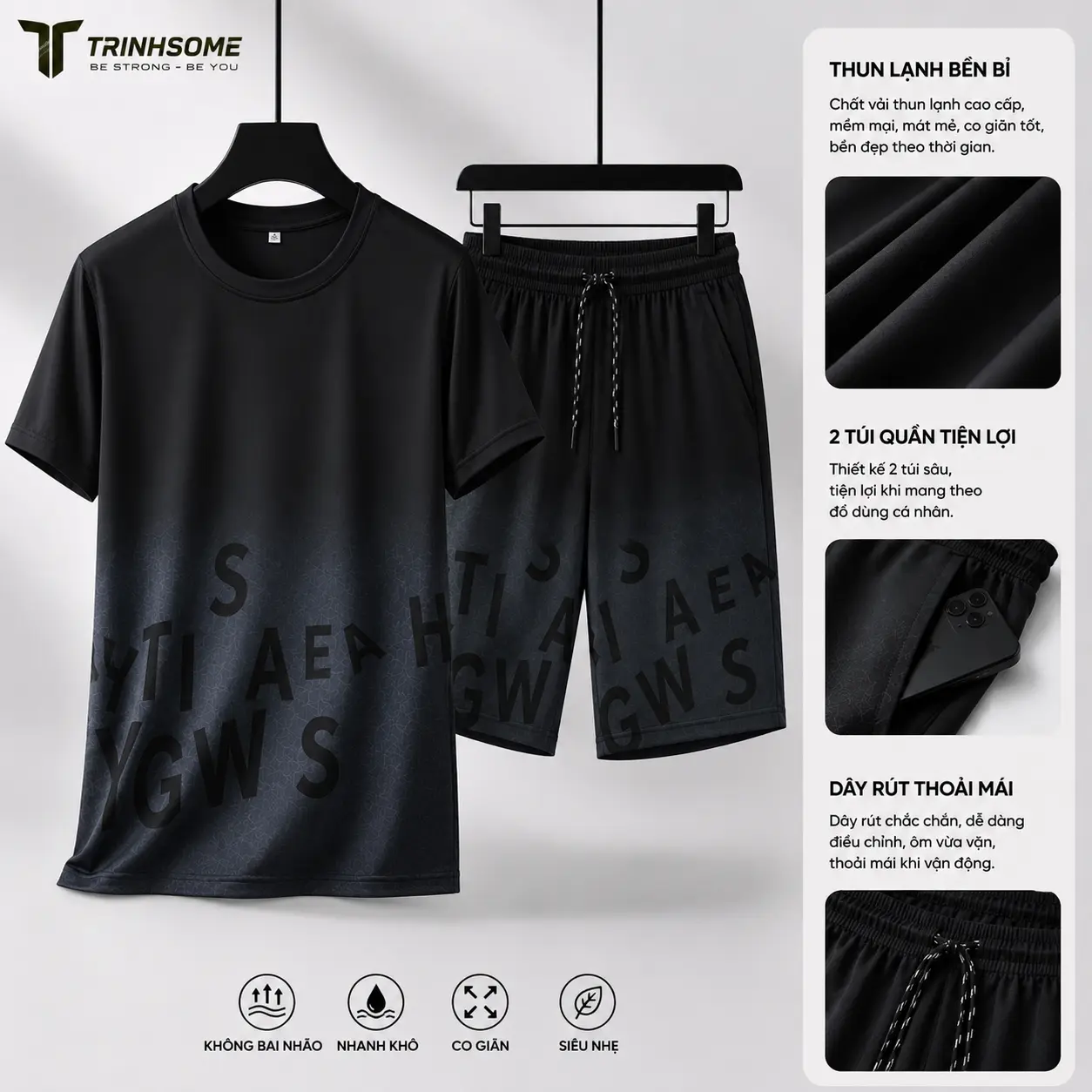 Bộ Đồ Cọc Thể Thao Nam Hè, Sport, Dây Rút, 2 Túi Quần, Họa Tiết Loang Chữ, Năng Động, Size 30-95kg, Chất Thun Lạnh Co Dãn Mát Mẻ. Mã: BC