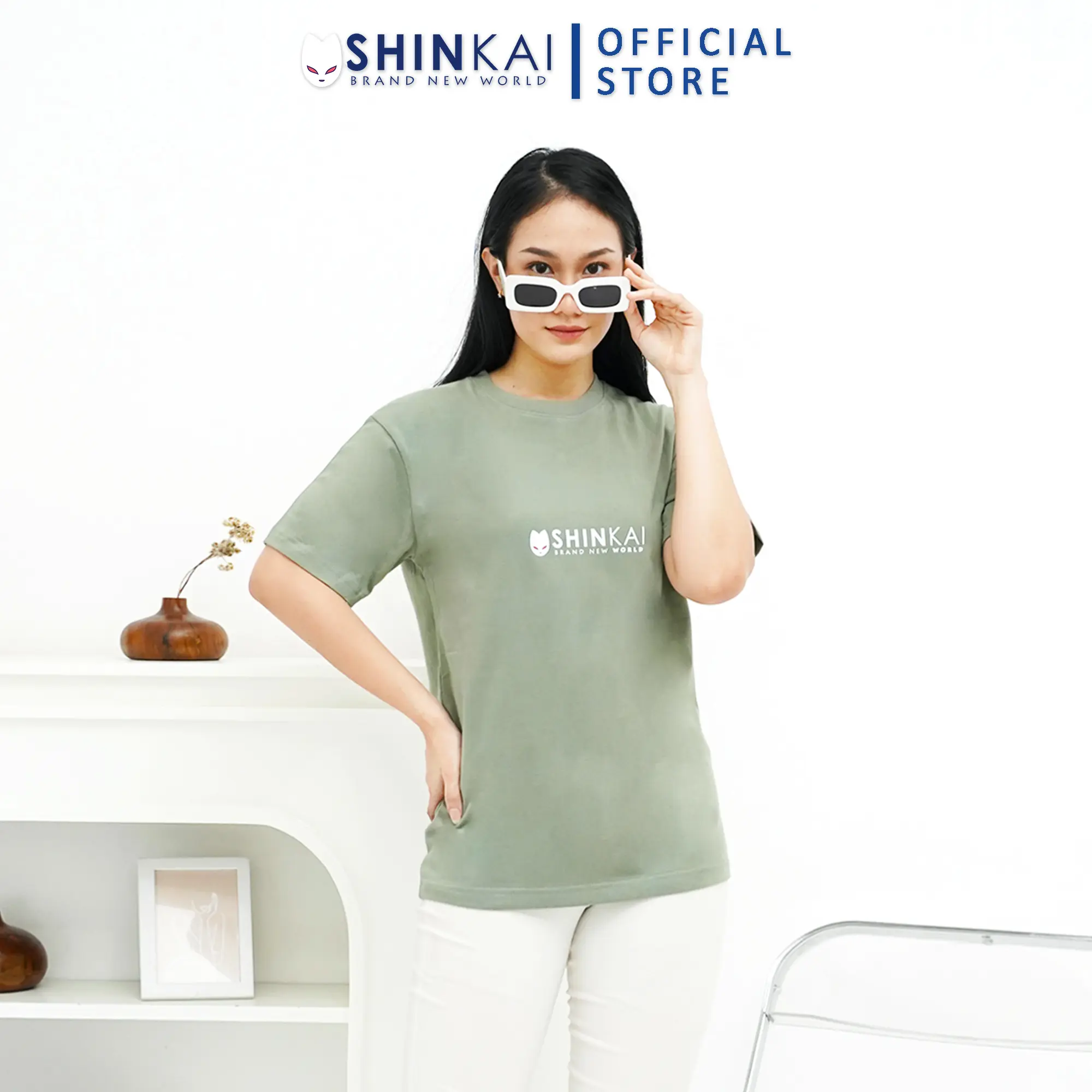 Kaos Polos Shinkai Basic Logo Sage Green - Baju Distro Japan Cotton Combed 20s - Oversize, Wanita