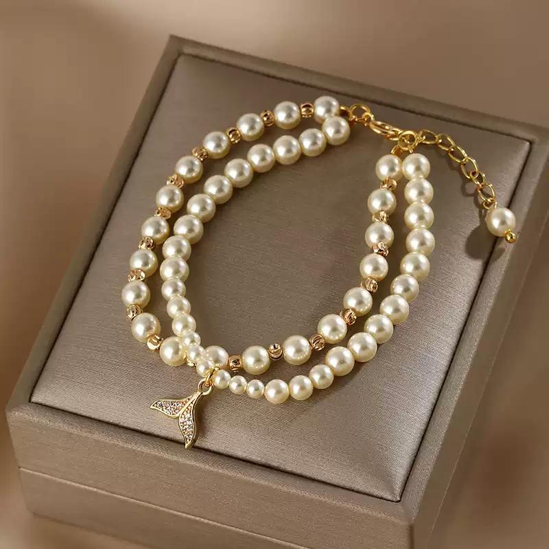 Product Introduction of Fashionable and Elegant Double Layers Imitation Pearl Gold Fishtail Charm Bracelet with Gift Box 1