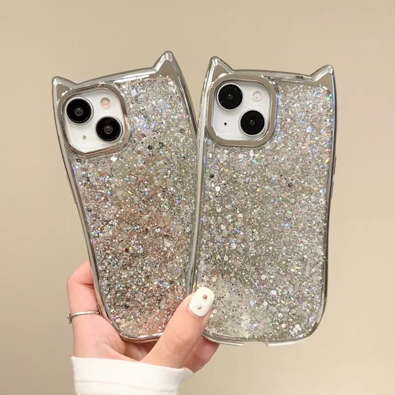 Cat ears  glue drop glitter powder all wrapped soft TPU shell Phone Case Suitable for Apple iPhone 15pro Max 15 14pro 13 13promax 12 12pro Max 11 11 Anti Drop cover Accessories Handheld