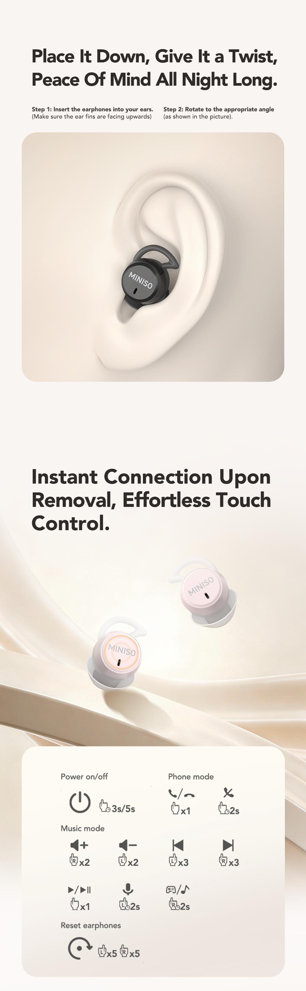 MINISO MS217 Sleep Earbuds, Comfortable, lightweight design, Bluetooth 6.0, IPX5 waterproof, HIFI sound quality, suitable for sleeping, working, studying, and voice calls | Built-in microphone | AI translation