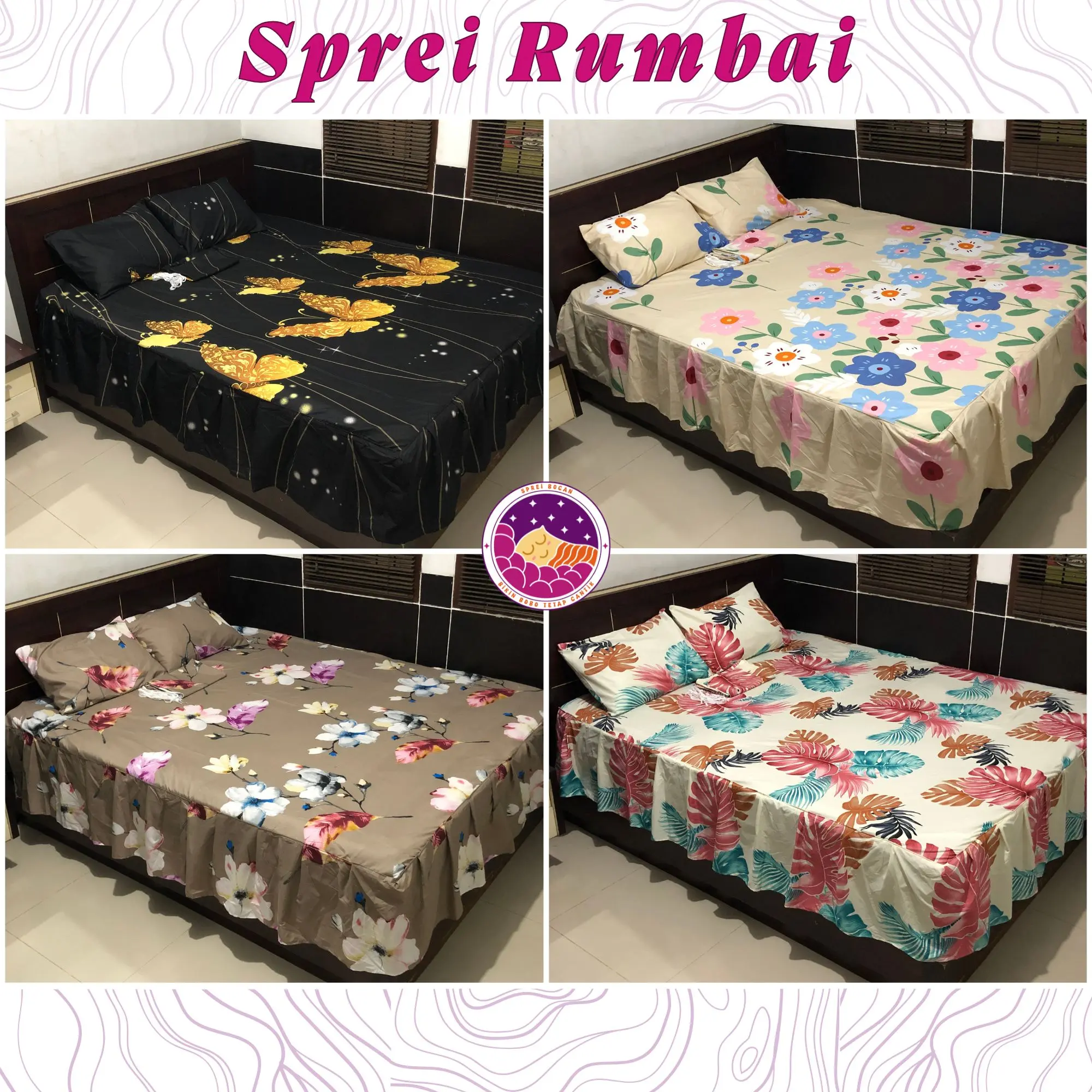 Sprei Rumbai Katun Motif Aesthetic Modern 180x200 dan 160x200 / Seprei Homemade Bunga Estetik Beli Satu Gratis 2 Sarung bantal dan Sarung Guling