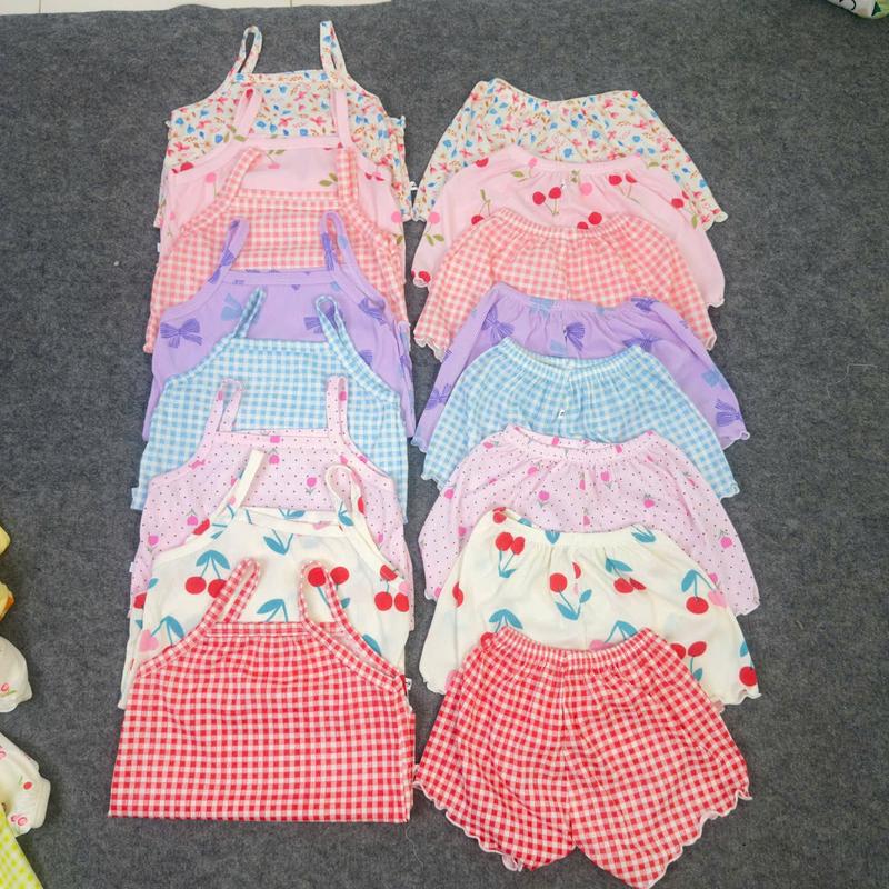 Combo 05 bộ quần áo MIX 2 karo+3 hoa nhí hai dây chất vải tăm lụa viền bèo cho bé gái size từ 3-16KG hoạ tiết ngẫu nhiên theo live