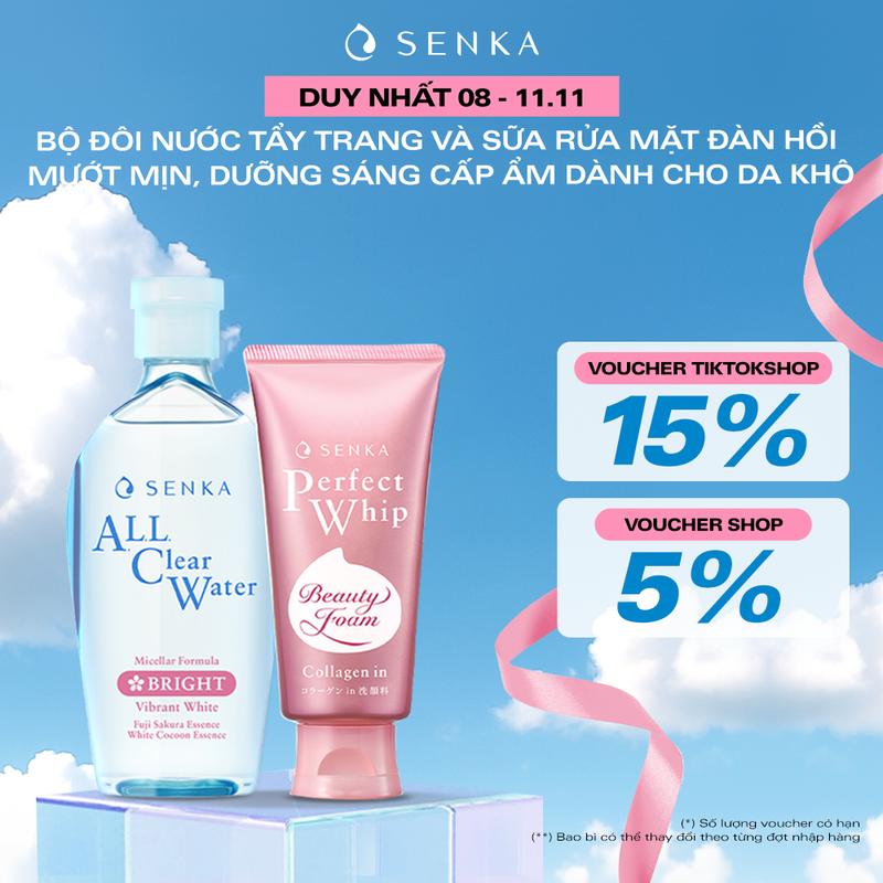 Bộ đôi Nước tẩy trang micellar dưỡng sáng cấp ẩm SENKA A.L.L CLEAR WATER MICELLAR FORMULA BRIGHT 230ML & Sữa rửa mặt đàn hồi mướt mịn SENKA PERFECT WHIP COLLAGEN IN 120G