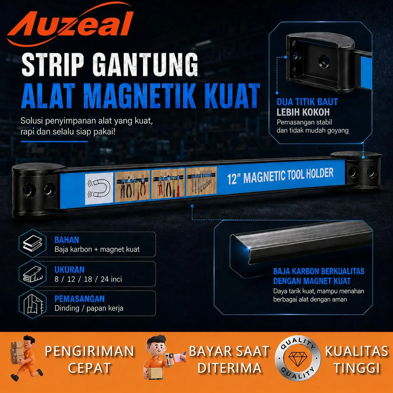 Auzeal Gantungan Magnet Perkakas Panjang Magnetic Tool Holder Organizer Perkakas Ideal Untuk Toko Servis Sepeda Motor dan Skuter Matic