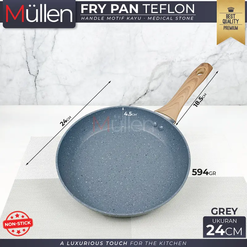 [ EXCLUSIVE CELYHOME ] - Fry Pan Marble Tanpa Tutup Anti Lengket Marble Coating Granit Gagang Kayu Premium 24cm Kitchenware 1