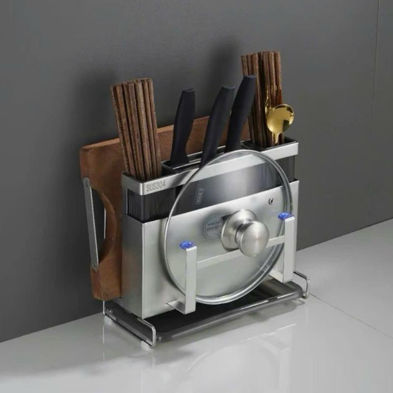 Kệ Để Nắp Nồi & Dao Thớt Inox 304 Chống Han Gỉ Có Khay Hứng Nước Kèm Ống Đựng Đũa Tiện Lợi( tặng 1 Hộp tăm chỉ)