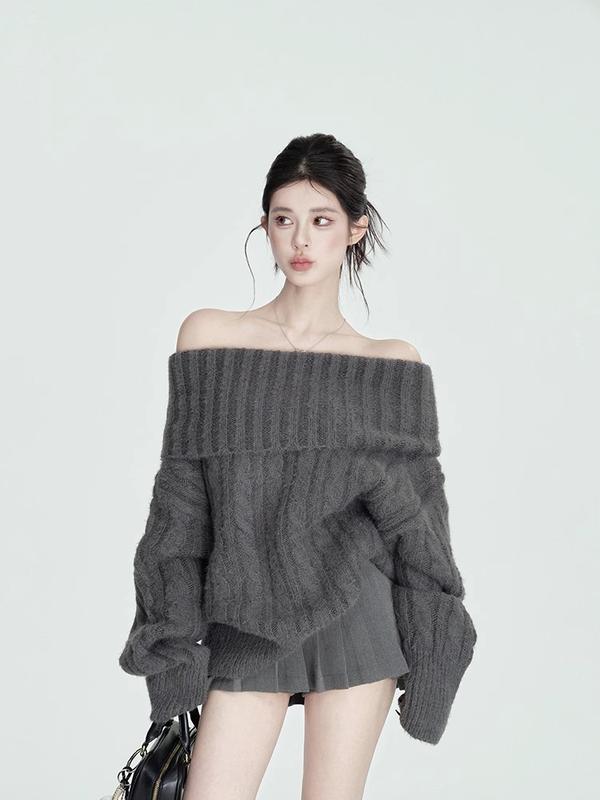 [ HRG ] - Áo Len Cổ Lọ Màu Xám, SS24, Mềm Mại Và Nếp, Một Vai, Dành Cho Nữ, Mặc Mùa Đông, Phong Cách Lười Biếng, Dáng Rộng Vừa Vặn, Áo Dài Tay, HRG