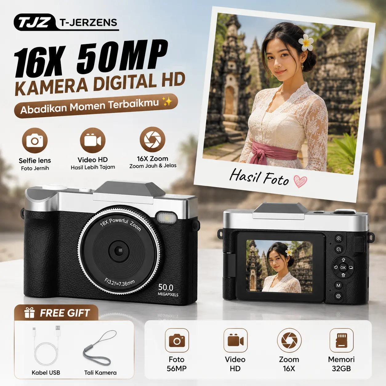 【Creators Exclusive COD】Kamera Digital 4K untuk Foto dan Video, Autofokus, 16X Zoom, 48MP Resolusi Tinggi, Kamera Vlogging dengan Anti-Guncang, Layar Flip IPS 3 Inci 180°, dilengkapi dengan Kartu SD 32GB. Camera