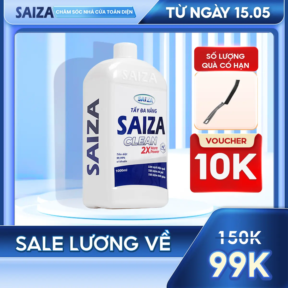[Mua 1 Chai Tặng 1 Quà] - DUNG DỊCH TẨY ĐA NĂNG SAIZA 1000ML Làm Sạch hiệu quả Tặng 1 Cọ Chà Kẽ, Tẩy Vết Ố Vàng, Rong Rêu, Rỉ Sét, Cặn Canxi Trên Nhiều Bề Mặt Khác Nhau