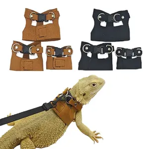 PU Leather Reptile Harness Adjustable 3 Size Vest Lizard Traction Rope Soft Black Brown Reptile Walking Leash for Small Animal