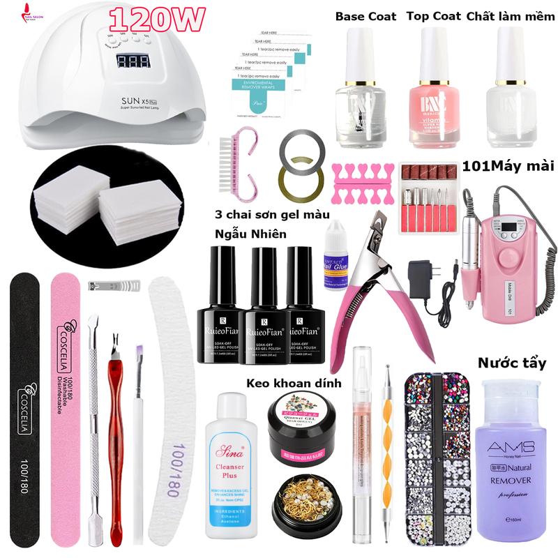 Nail Salon.Set combo nail cơ bản30 mục、máy mài、120Wmáy hơ gel  、 3 lọ sơn móng tay . Set đầy đủ Basse. Top Bóng. sơn Gel Màu ngẫu nhiên