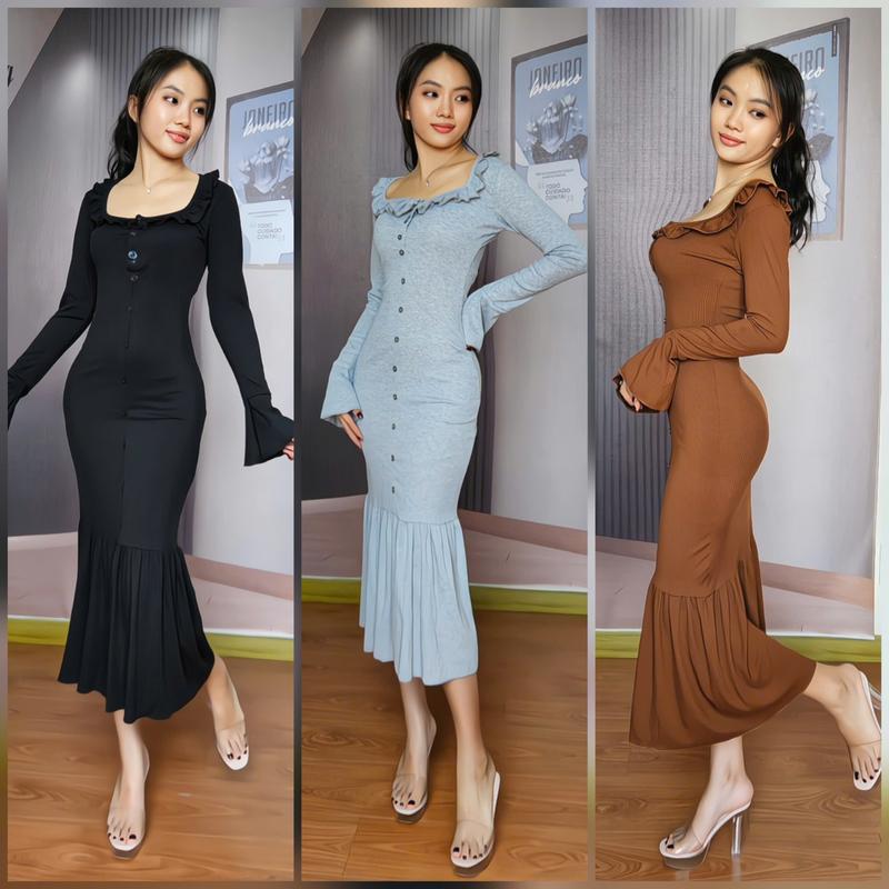Đầm Body Dáng Dài Midi Cổ Vuông Viền Bèo Tay Ống Loe Đính Nút Thân Xinh Xắn Thun Gân Tăm Đầm Đi Tiệc Sang Chảnh Quý Phái_Váy Tiệc, Đầm Xinh Dự Tiệc Cưới, Váy Body, Váy Body Nữ Tôn Dáng, Váy Xinh, Váy Đi Biển