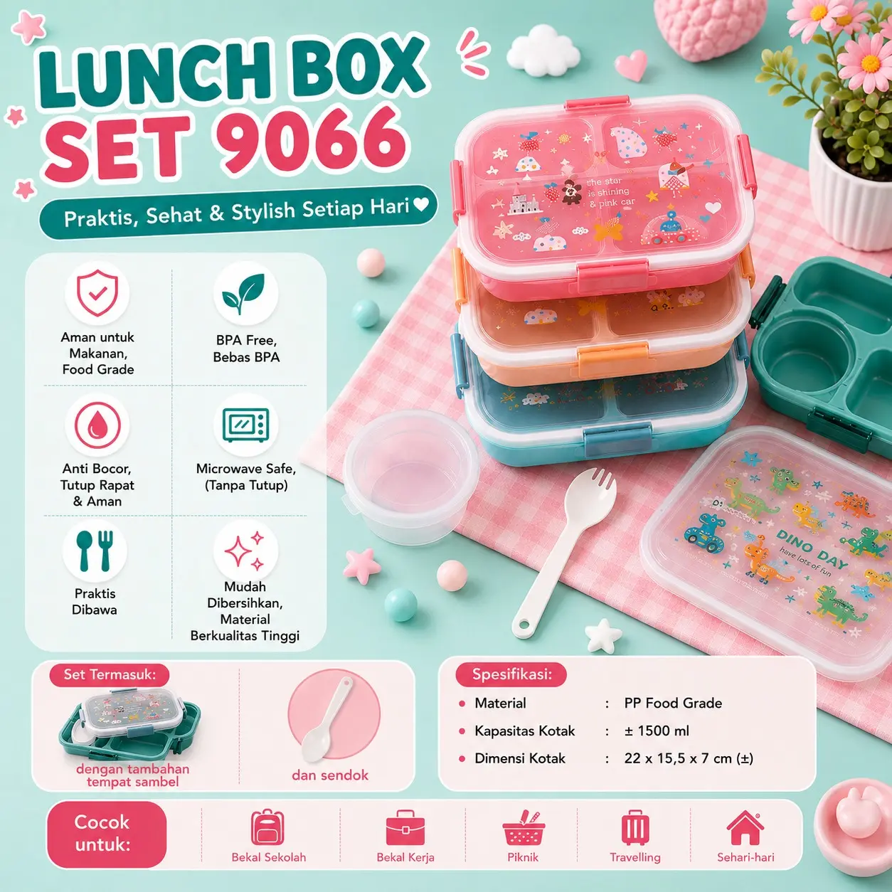 Kotak Makan Anak Karakter Lunch Box 9066 4 Sekat Free Sendok Cup UkuraKapasitas 1500ml Set Makanan Praktis