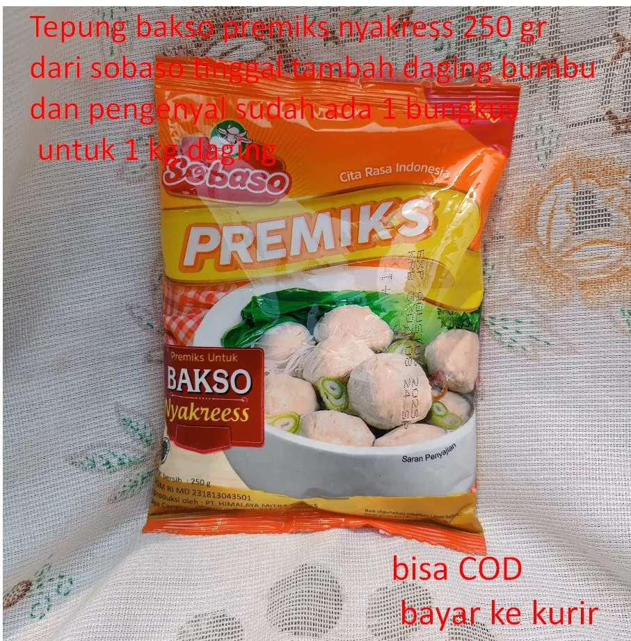 Tepung bakso premiks nyakress 250 gr dari sobaso tinggal tambah daging bumbu dan pengenyal sudah ada 1 bungkus untuk 1 kg daging
