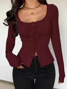 Camiseta ajustada de manga larga de color sólido sexy para mujer, tejida con elástico y decoración de lazo en la espalda, top versátil para uso diario