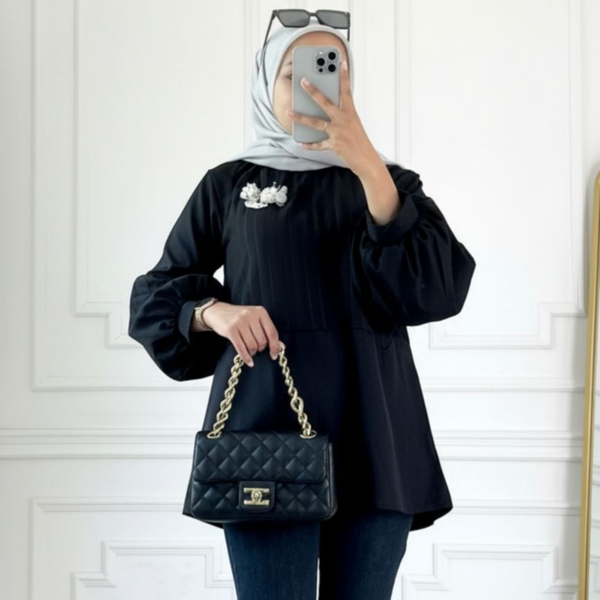 [parveen id] GYANI BLOUSE Kemeja Wanita Kombinasi Knit & Crepe LD 110 Lengan Puffy Balon - Atasan Blouse Modest Korea Style