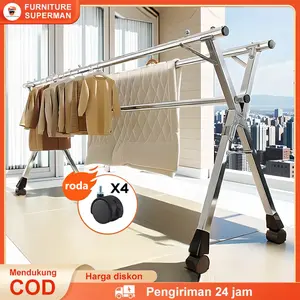 Furniture Superman Jemuran Baju Lipat Stainless Steel 160-240cm Tahan Karat Portable dengan Roda 4pcs Adjustable 120-240cm Cocok untuk Balkon & Luar Ruangan