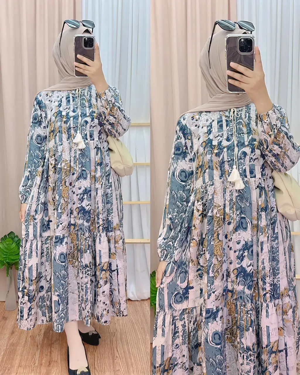 Flora Midi Dress Wanita Dewasa Rayon Motif Premium Bunga Katun Muslim Bunga Cokelat Hitam Panjang Gamis