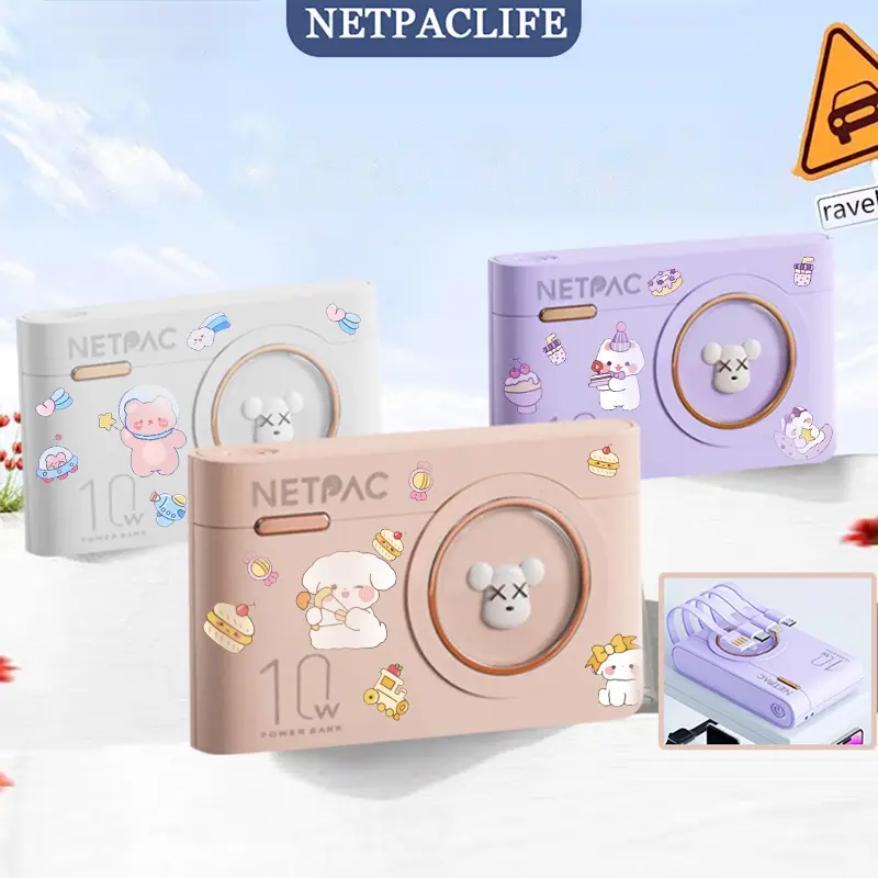 【COD】NETPACLIFE Powerbank 10000 mAh Fast Charging Murah Mini Macaron Cute Camera Design LED with Kabel Data Type C Micro USB Lightning 0