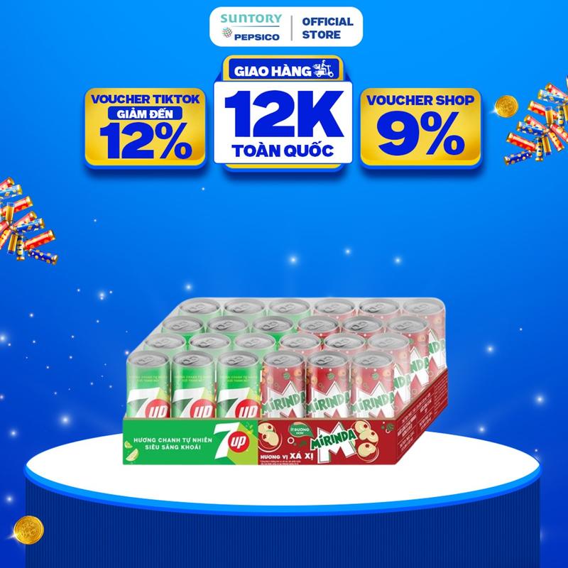  Thùng 24 Lon Nước Ngọt Có Gaz Mix 7Up & Mirinda Xá Xị  320ml lon  