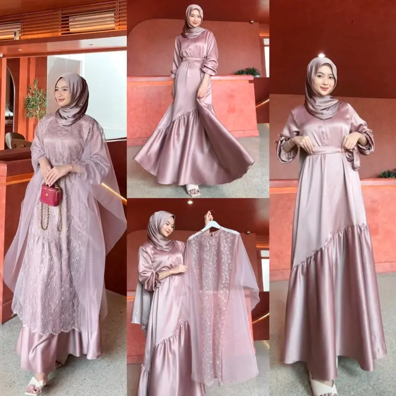 Dyra Kaftan One Set (Inner+Outer) Bahan Satin Mix Brukat Sapto & Plisket Busui Friendly Free Belt Gamis Wanita Kekinian Gaun Kondangan Bridesmaid Pesta Lamaran Terbaru